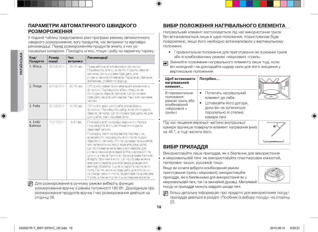 Samsung GE83DTR-W/BWT manual Параметри автоматичного швидкого розмороження, Вибір положення нагрівального елемента 