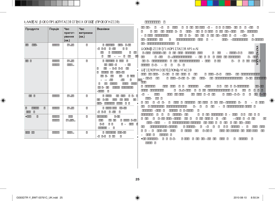 Samsung GE83DTR-W/BWT manual Підігрівання, Вказівки щодо приготування свіжих овочів продовження 