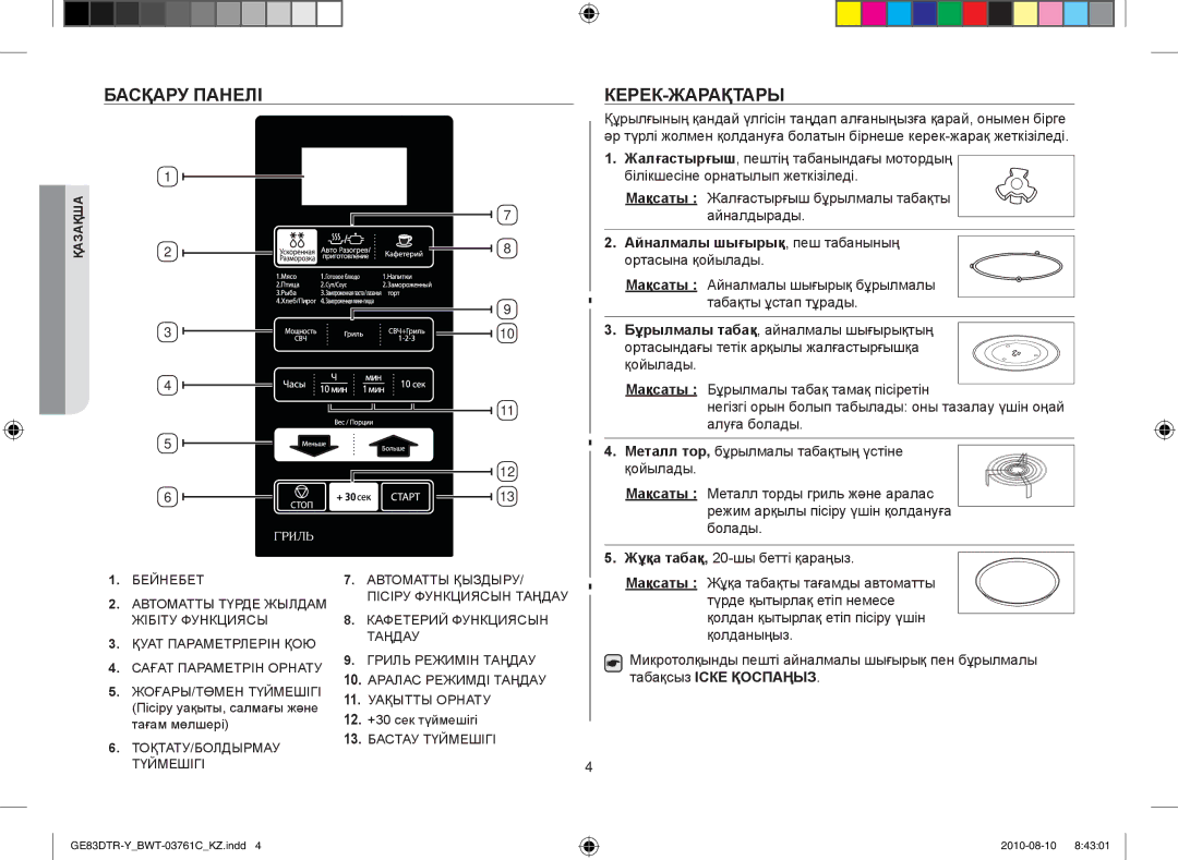 Samsung GE83DTR-W/BWT manual Басқару панелі Керек-жарақтары, Айналмалы шығырық, пеш табанының 