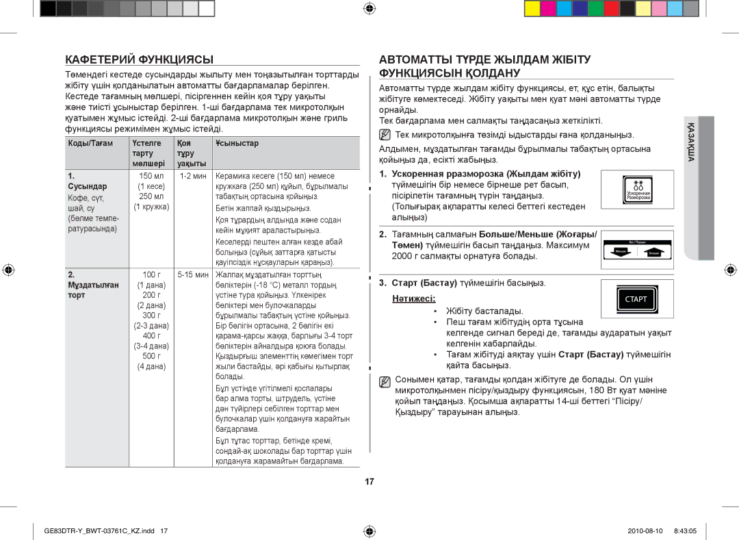 Samsung GE83DTR-W/BWT manual Кафетерий функциясы, Автоматты түрде жылдам жібіту функциясын қолдану 