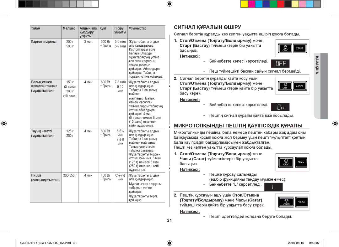 Samsung GE83DTR-W/BWT Сигнал құралын өшіру, Микротолқынды пештің қауіпсіздік құралы, Стоп/Отмена Тоқтату/Болдырмау және 