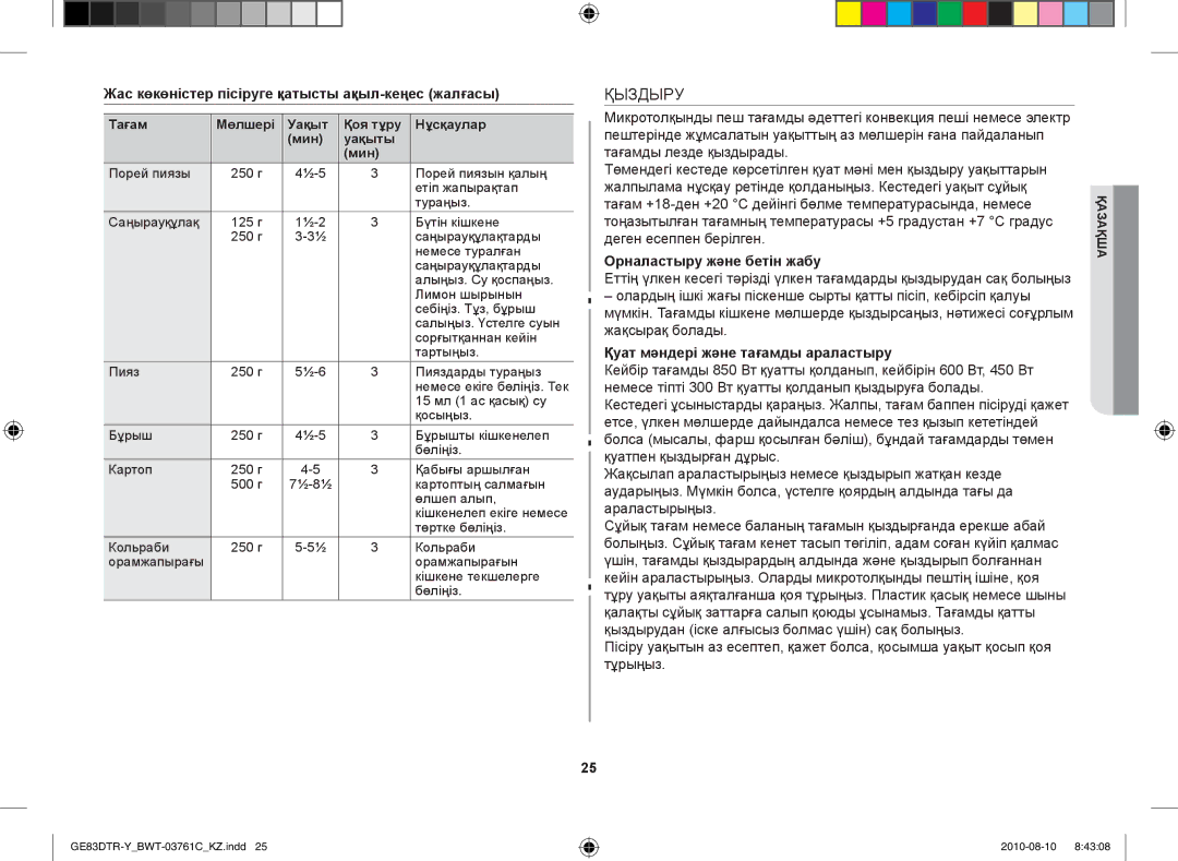 Samsung GE83DTR-W/BWT manual Қыздыру, Жас көкөністер пісіруге қатысты ақыл-кеңес жалғасы, Орналастыру және бетін жабу 