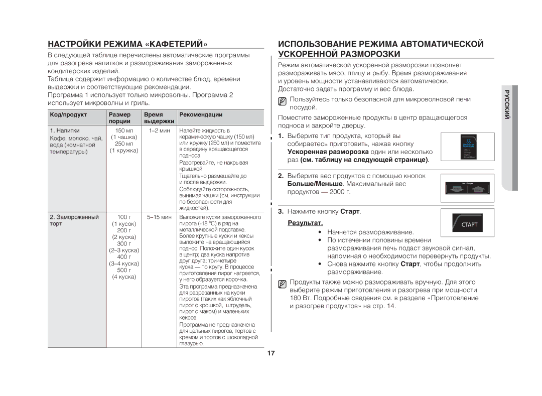 Samsung GE83DTR/BWT Настройки режима «Кафетерий», Использование режима автоматической ускоренной разморозки, Результат 