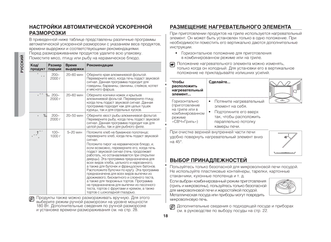 Samsung GE83DTR/BWT manual Настройки автоматической ускоренной разморозки, Размещение нагревательного элемента 