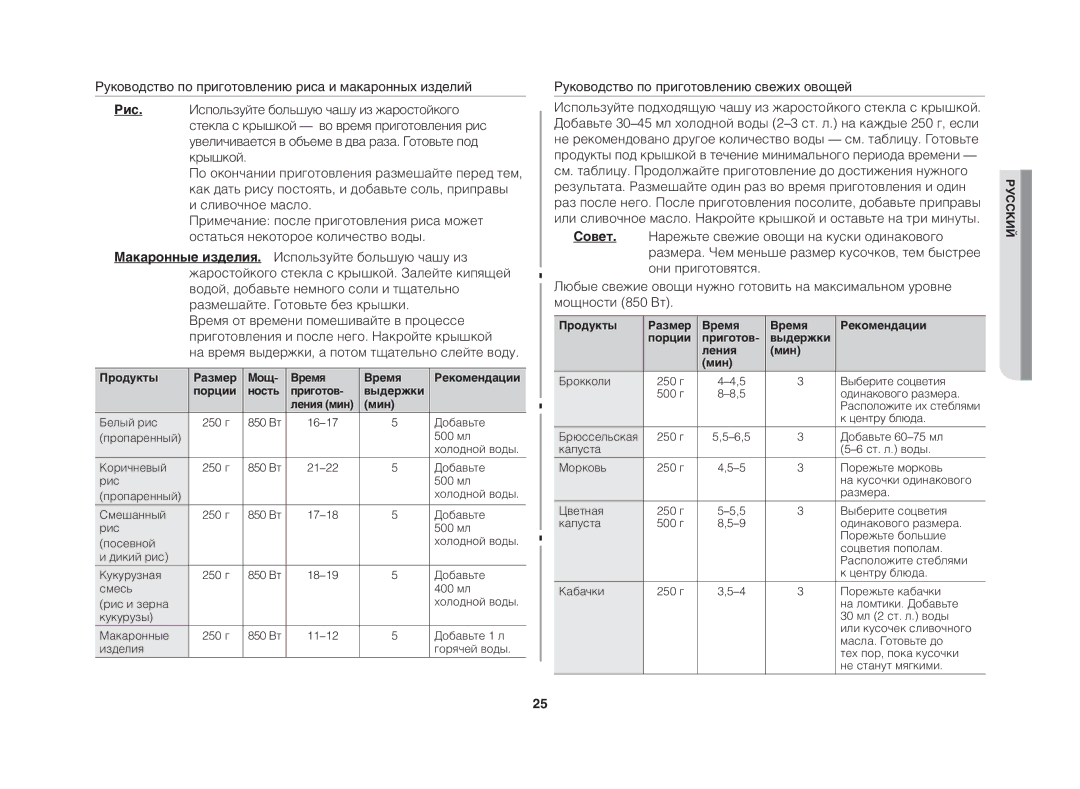 Samsung GE83DTR/BWT manual Руководство по приготовлению свежих овощей, Продукты Размер Мощ­ Время Рекомендации 