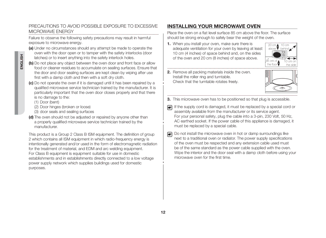 Samsung GE83G/GEN manual Installing your microwave oven, First with a damp cloth and then with a soft dry cloth 