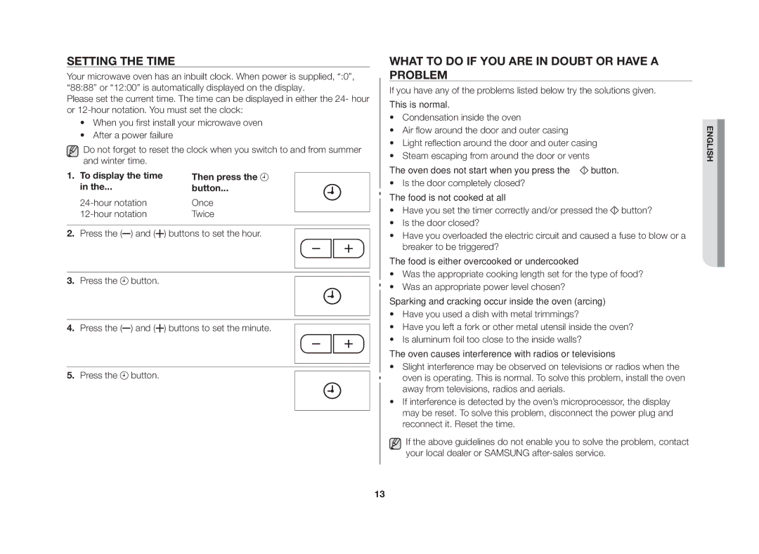 Samsung GE83G/GEN manual Setting the time, What to do if you are in doubt or have a problem 