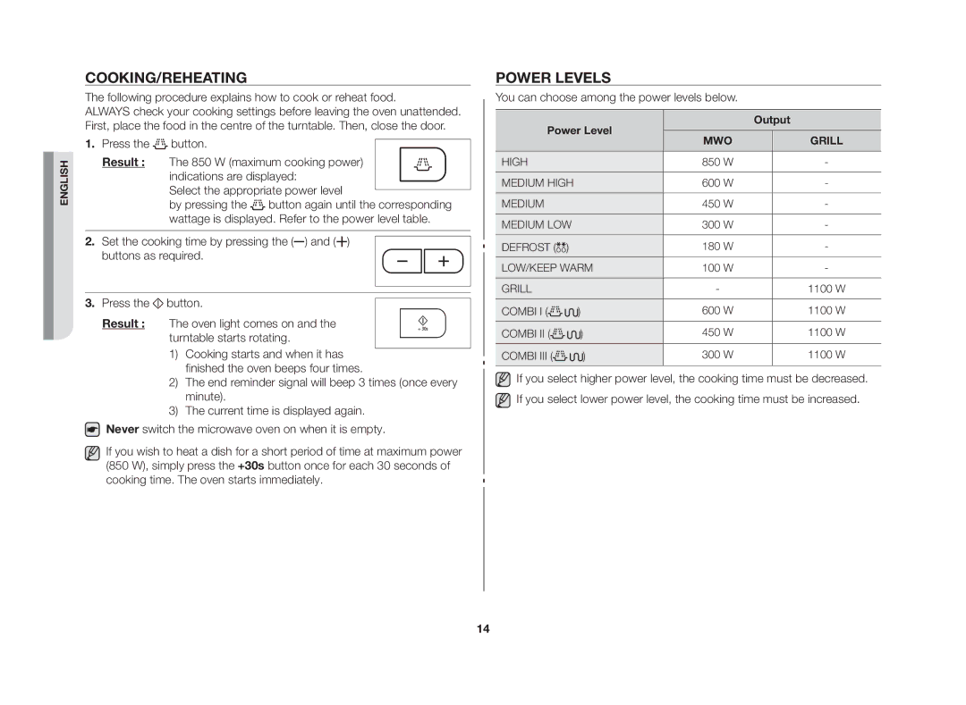 Samsung GE83G/GEN manual Cooking/reheating, Power levels, Output 