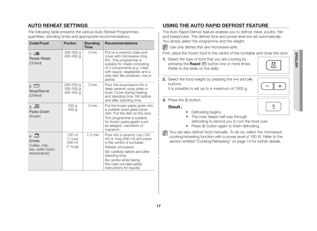 Samsung GE83G/GEN manual Auto reheat settings, Using the auto rapid defrost feature 