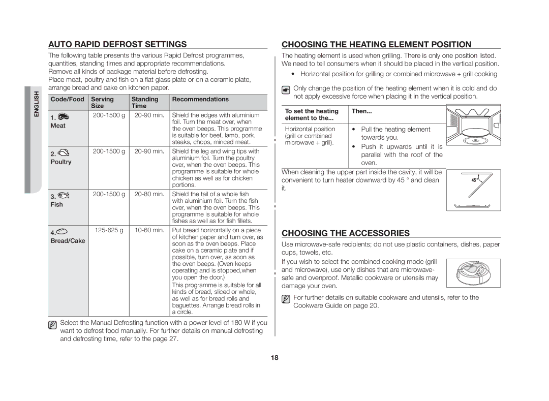 Samsung GE83G/GEN manual Auto rapid defrost settings, Choosing the heating element position, Choosing the accessories 