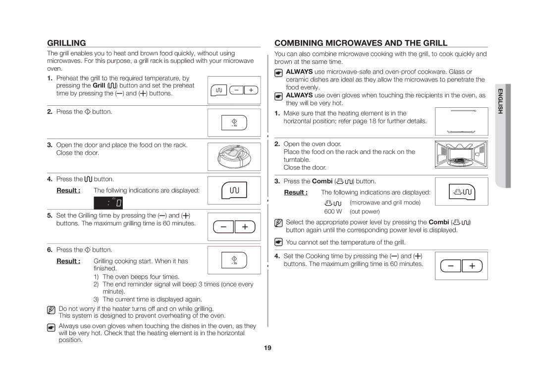 Samsung GE83G/GEN manual Grilling, Combining microwaves and the grill 