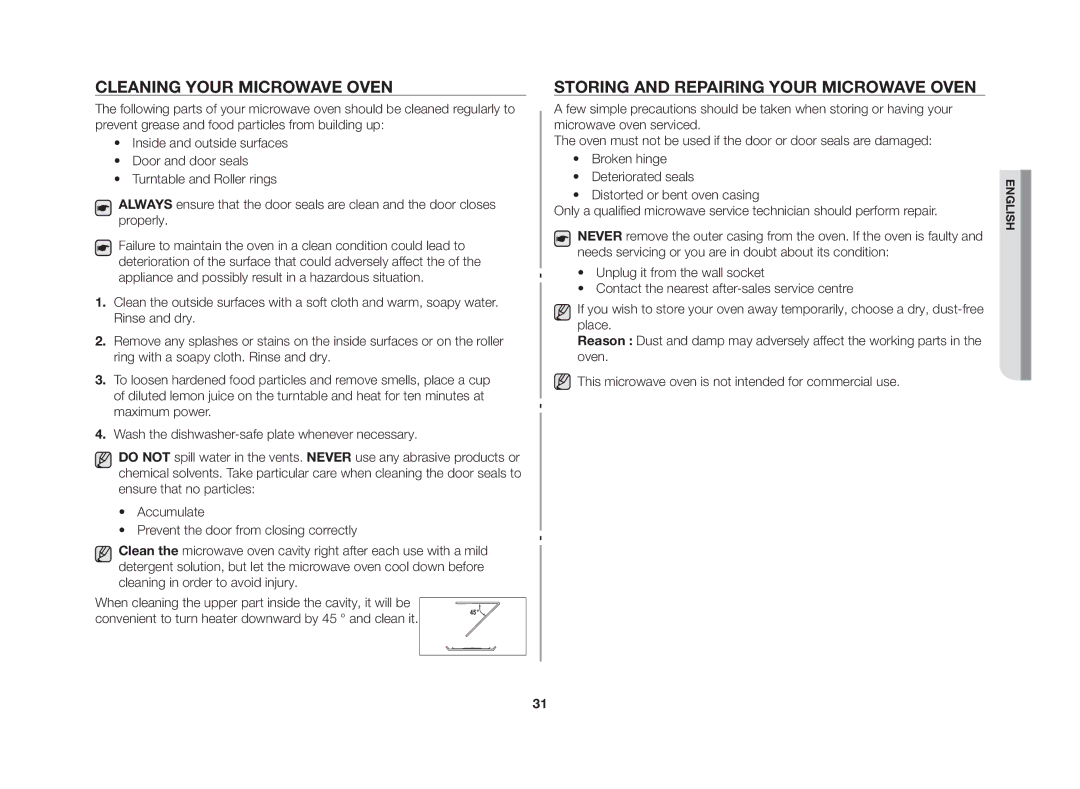 Samsung GE83G/GEN manual Cleaning your microwave oven, Storing and repairing your microwave oven 