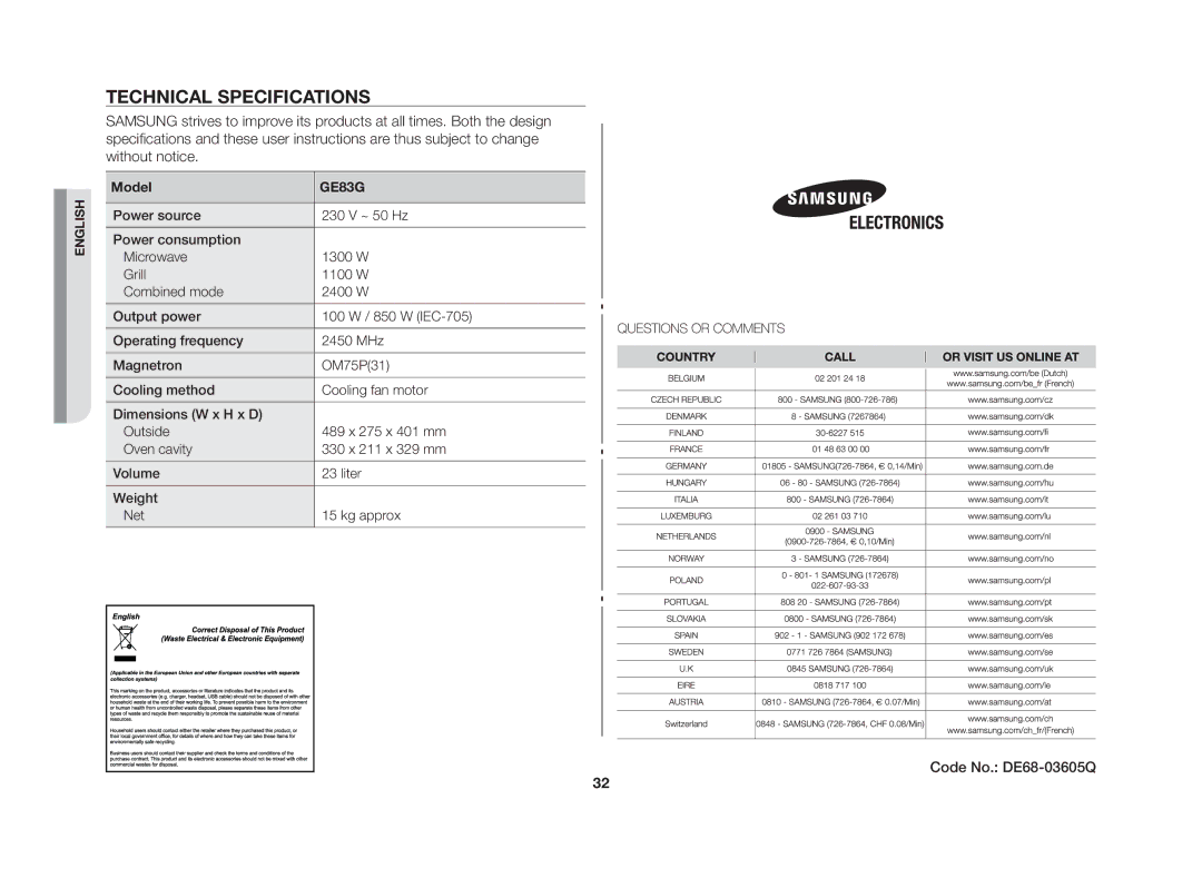 Samsung GE83G/GEN manual Technical specifications, Model 