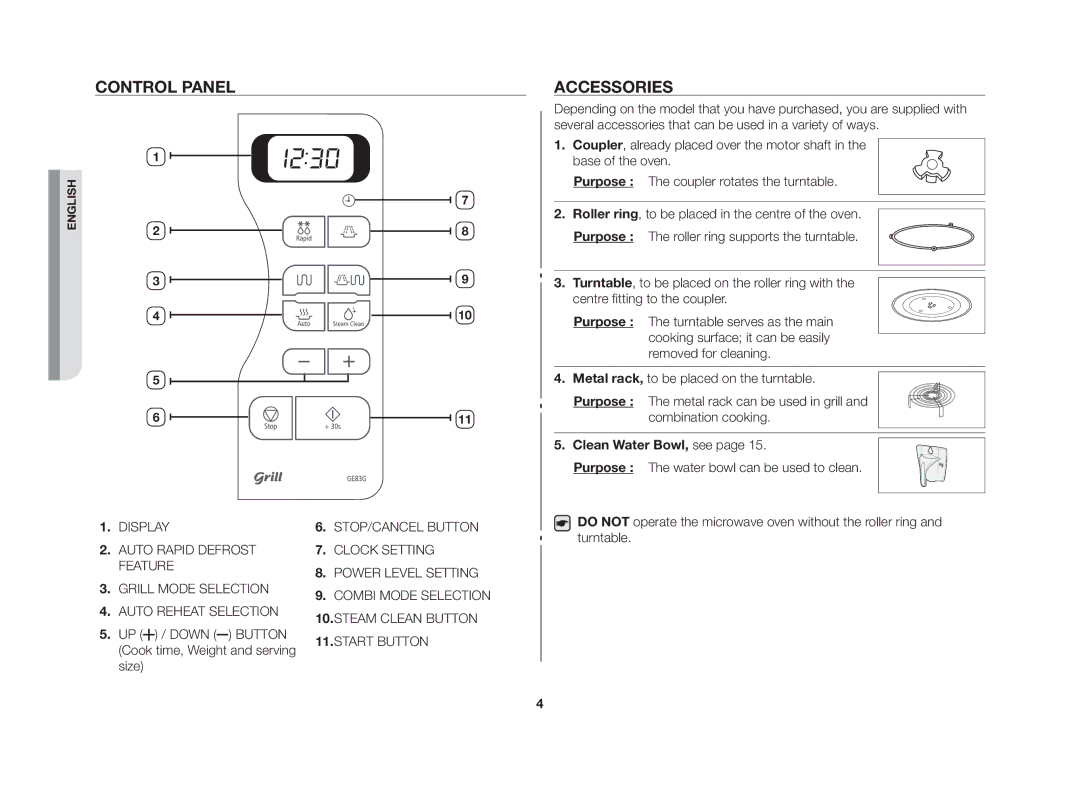 Samsung GE83G/GEN manual Control panel, Accessories 