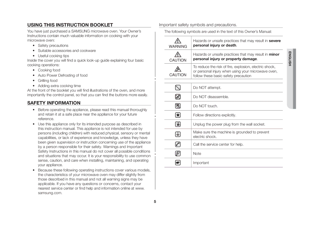 Samsung GE83G/GEN manual Using this instruction booklet, Safety information 