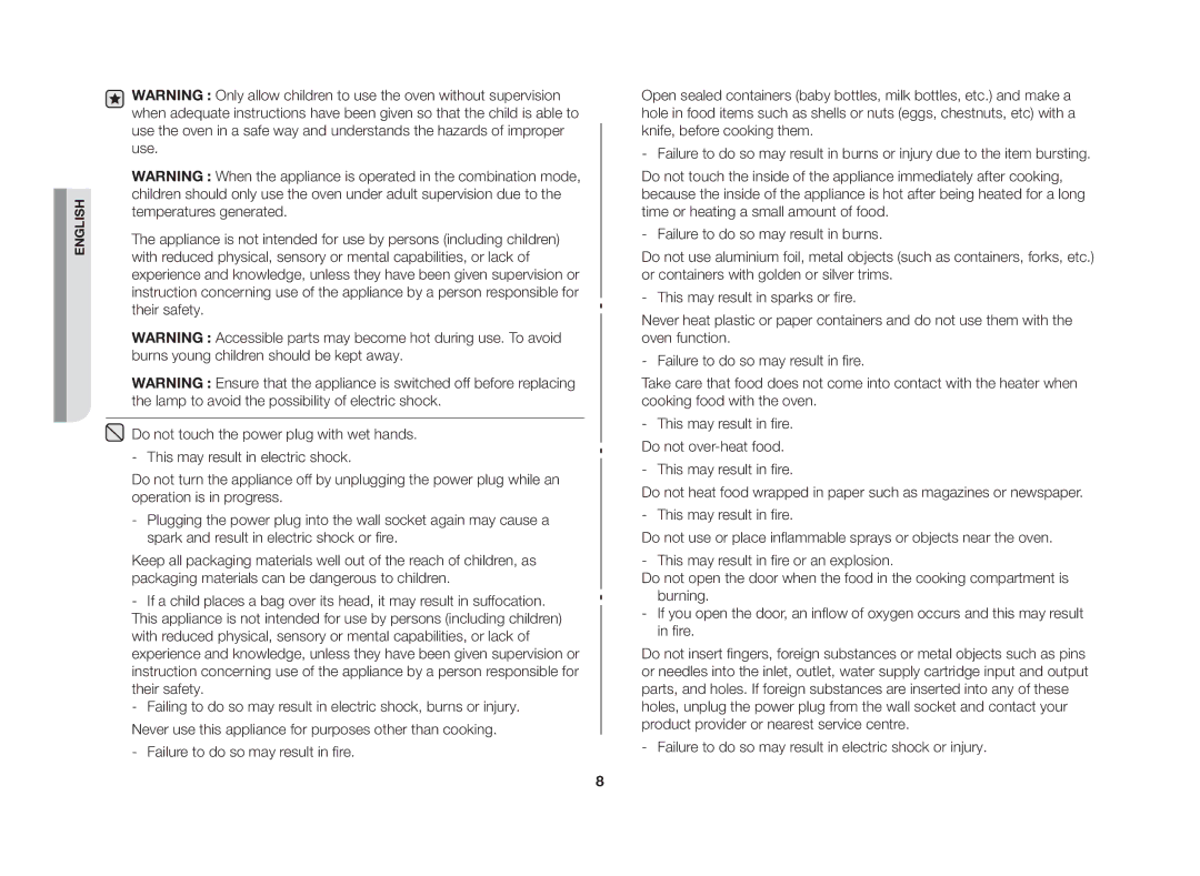 Samsung GE83G/GEN manual This may result in fire. Do not over-heat food 