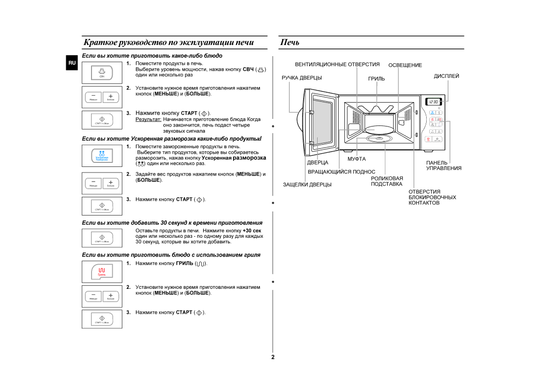 Samsung GE83GR-S/BWT, GE83GR/BWT manual Краткое руководство по эксплуатации печи, Печь 