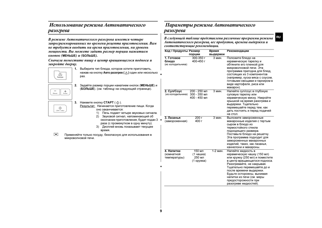 Samsung GE83GR/BWT manual Использование режима Автоматического разогрева, Параметры режима Автоматического разогрева 