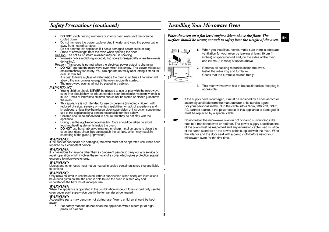 Samsung GE83H-S/XEH manual Installing Your Microwave Oven 