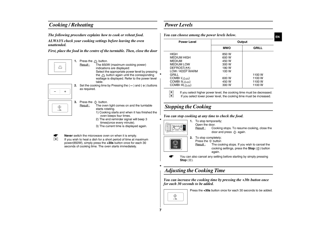 Samsung GE83H-S/XEH manual Cooking / Reheating Power Levels, Stopping the Cooking, Adjusting the Cooking Time 