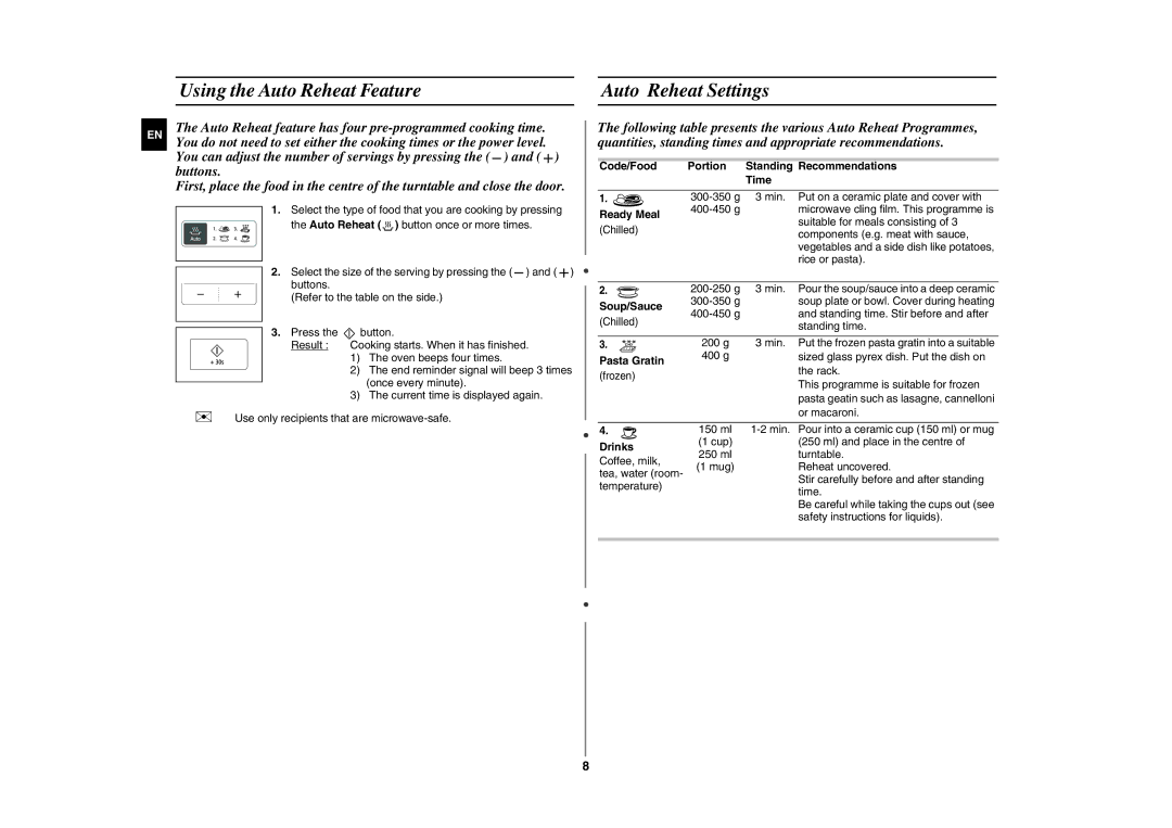 Samsung GE83H-S/XEH manual Using the Auto Reheat Feature Auto Reheat Settings 