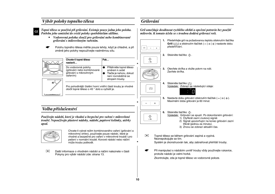 Samsung GE83H-S/XEH manual Výběr polohy topného tělesa, Volba příslušenství, Grilování 