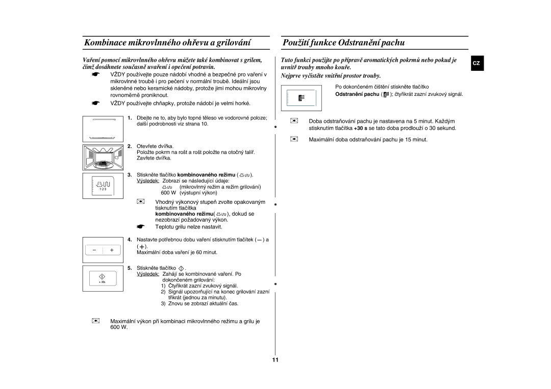 Samsung GE83H-S/XEH manual Kombinace mikrovlnného ohřevu a grilování, Použití funkce Odstranění pachu 