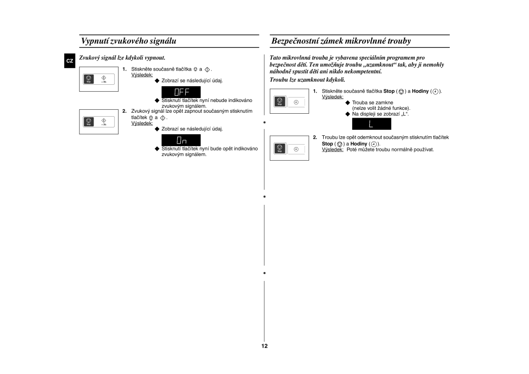 Samsung GE83H-S/XEH manual Vypnutí zvukového signálu, Bezpečnostní zámek mikrovlnné trouby, Stop a Hodiny 