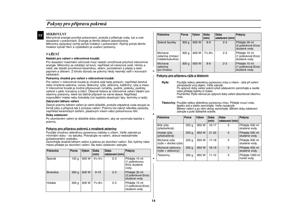 Samsung GE83H-S/XEH manual Pokyny pro přípravu pokrmů, Mikrovlny, Vaření 