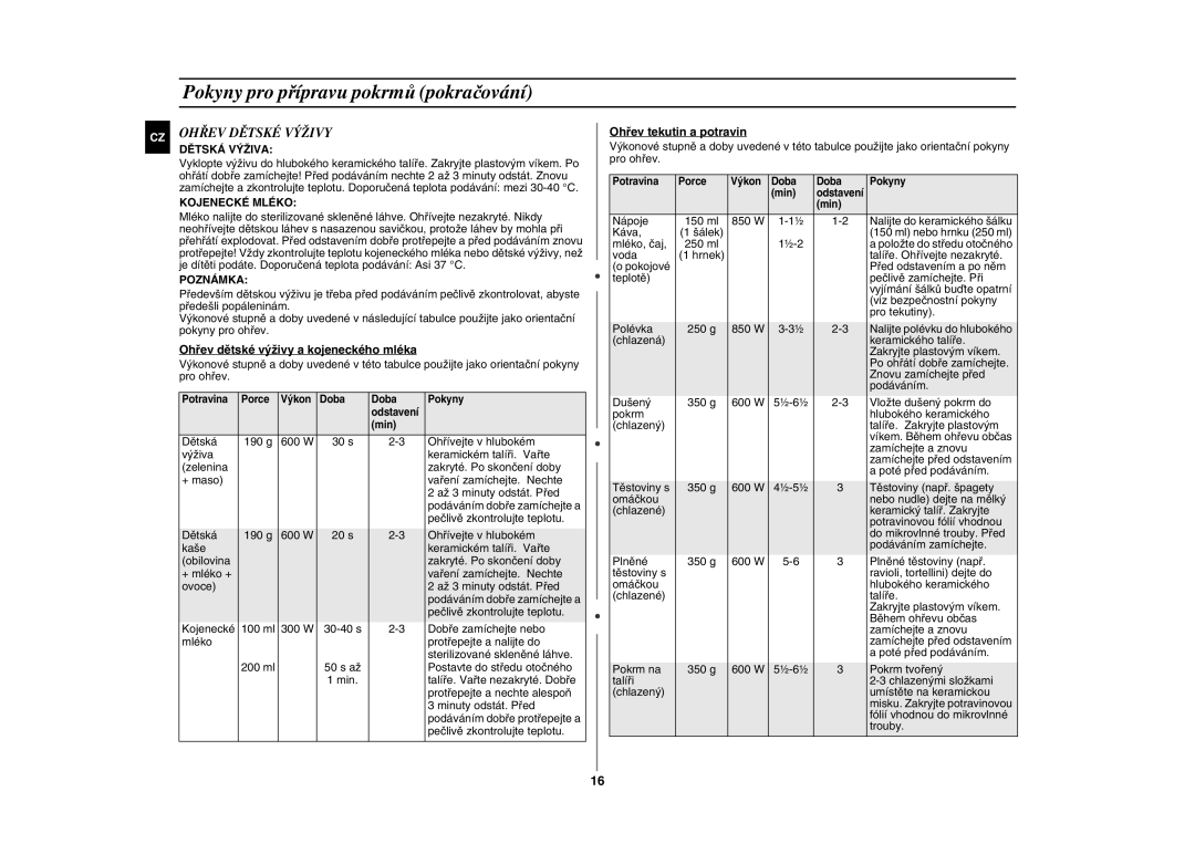 Samsung GE83H-S/XEH manual Ohřev Dětské Výživy, Dětská Výživa, Kojenecké Mléko, Poznámka 