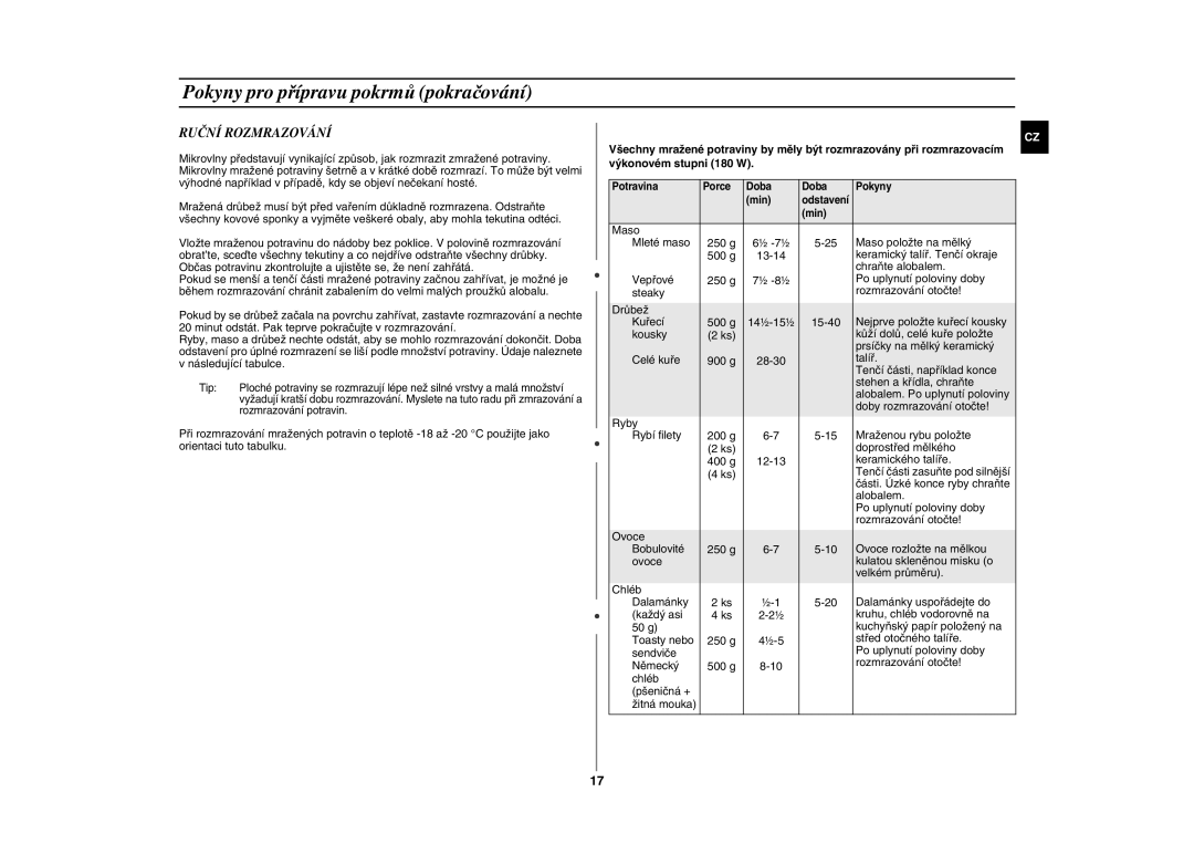 Samsung GE83H-S/XEH manual Ruční Rozmrazování 