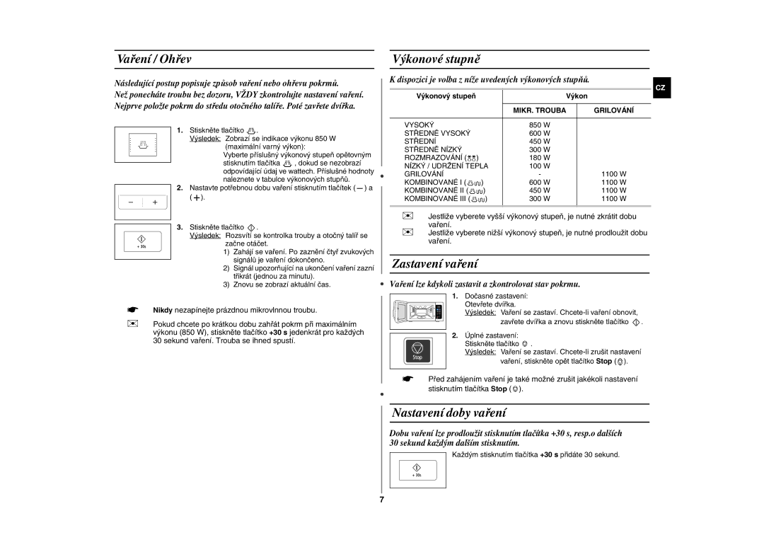 Samsung GE83H-S/XEH manual Vaření / Ohřev, Výkonové stupně, Zastavení vaření, Nastavení doby vaření, MIKR. Trouba Grilování 