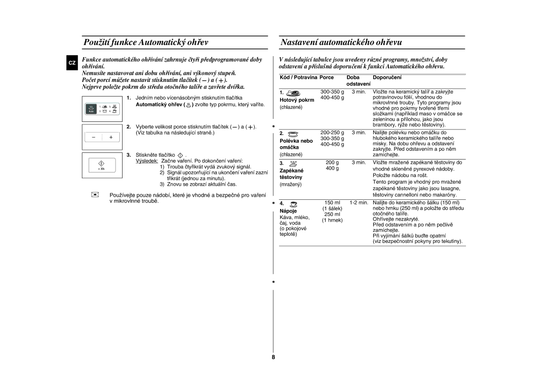 Samsung GE83H-S/XEH manual Použití funkce Automatický ohřev, Nastavení automatického ohřevu 