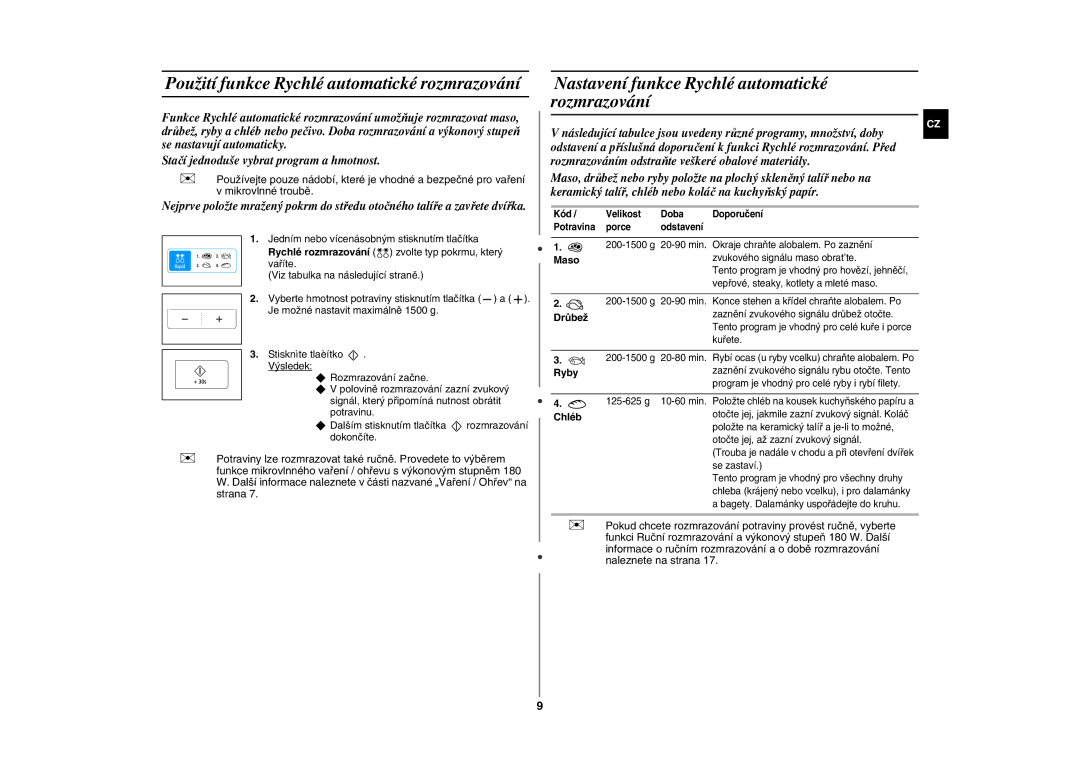 Samsung GE83H-S/XEH manual Použití funkce Rychlé automatické rozmrazování, Nastavení funkce Rychlé automatické rozmrazování 