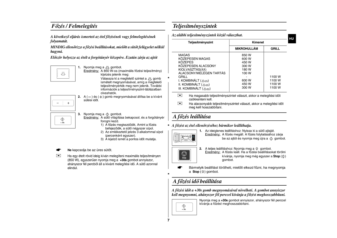 Samsung GE83H-S/XEH manual Főzés / Felmelegítés, Teljesítményszintek, Főzés leállítása, Főzési idő beállítása 