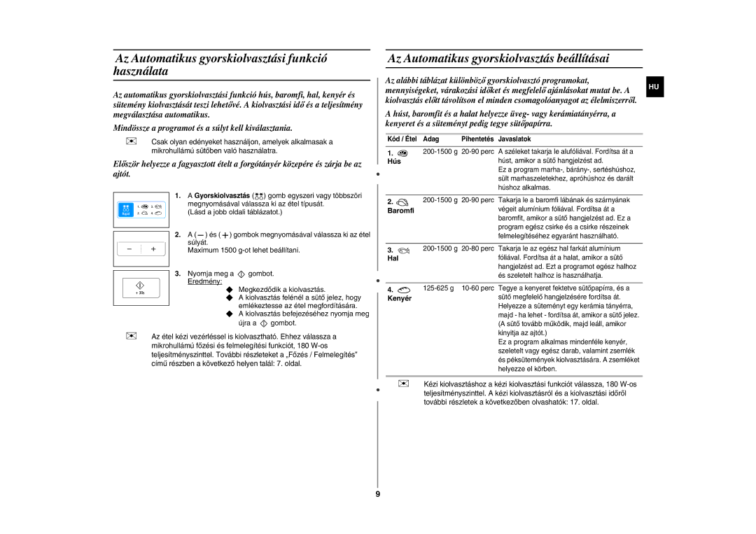 Samsung GE83H-S/XEH manual Az Automatikus gyorskiolvasztási funkció használata, Az Automatikus gyorskiolvasztás beállításai 