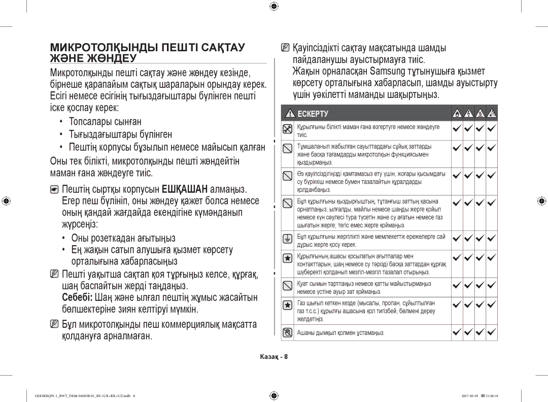 Samsung GE83XRQ/BW Қауіпсіздікті сақтау мақсатында шамды, Пайдаланушы ауыстырмауға тиіс, Үшін уәкілетті маманды шақыртыңыз 