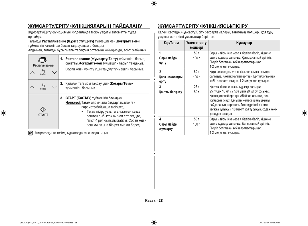 Samsung GE83KRQW-1/BW, GE83KRQS-3/BW ЖҰМСАРТУ/ЕРІТУ Функцияларын Пайдалану, Жұмсарту/Еріту Функциясы/Пісіру, Сары майды 