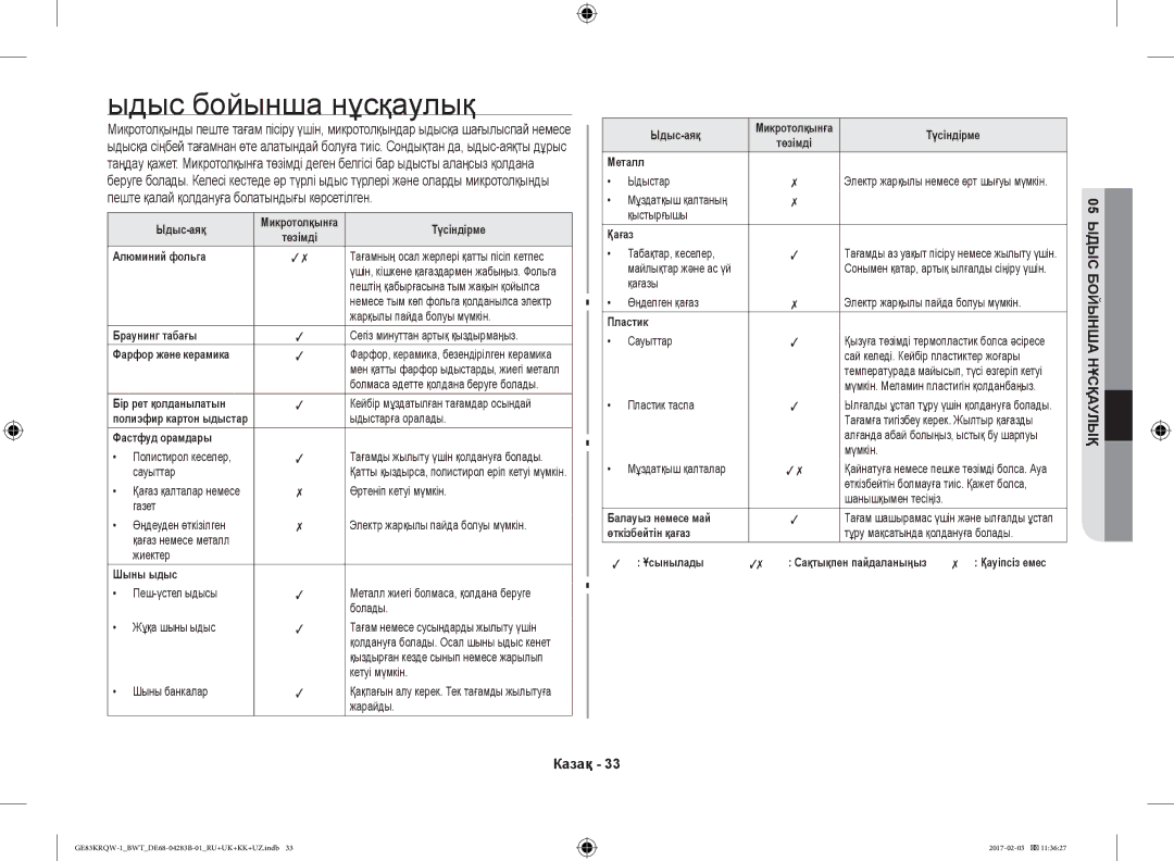 Samsung GE83KRQS-1/BW, GE83KRQS-3/BW, GE83KRQS-2/BW, GE83XRQ/BW, GE83KRQW-1/BW, GE83KRQW-2/BW manual Ыдыс бойынша нұсқаулық 