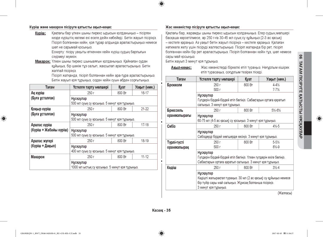 Samsung GE83KRQW-2/BW manual Күріш және макарон пісіруге қатысты ақыл-кеңес, Ақ күріш, Буға ұсталған Нұсқаулар, Қоңыр күріш 