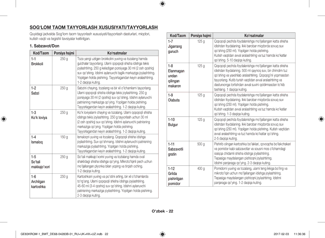 Samsung GE83KRQW-1/BW, GE83KRQS-3/BW, GE83KRQS-2/BW, GE83XRQ/BW SOG‘LOM Taom Tayyorlash XUSUSIYATI/TAYYORLASH, Sabzavot/Don 