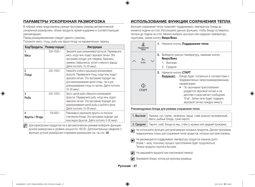 Samsung GE83KRQS-1/BW Параметры Ускоренная Разморозкa, Использование Функции Сохранения Тепла, Код/Продукты Размер порции 