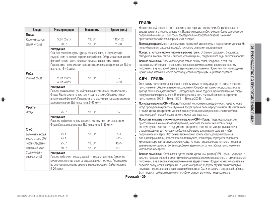 Samsung GE83KRQS-1/BW, GE83KRQS-3/BW, GE83KRQS-2/BW, GE83XRQ/BW, GE83KRQW-1/BW, GE83KRQW-2/BW manual СВЧ + Гриль 