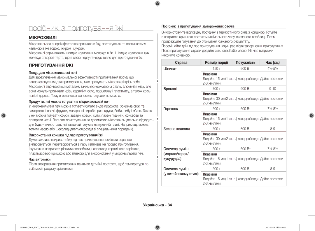 Samsung GE83KRQW-1/BW Посібник із приготування їжі, Мікрохвилі, Приготування ЇЖІ, Страва Розмір порції Потужність Час хв 