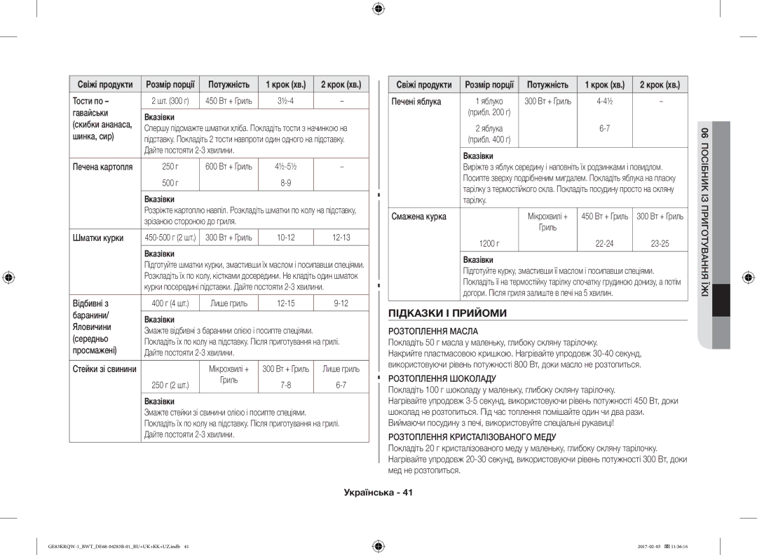 Samsung GE83KRQW-2/BW manual Підказки І Прийоми, Розтоплення Масла, Розтоплення Шоколаду, Розтоплення Кристалізованого Меду 