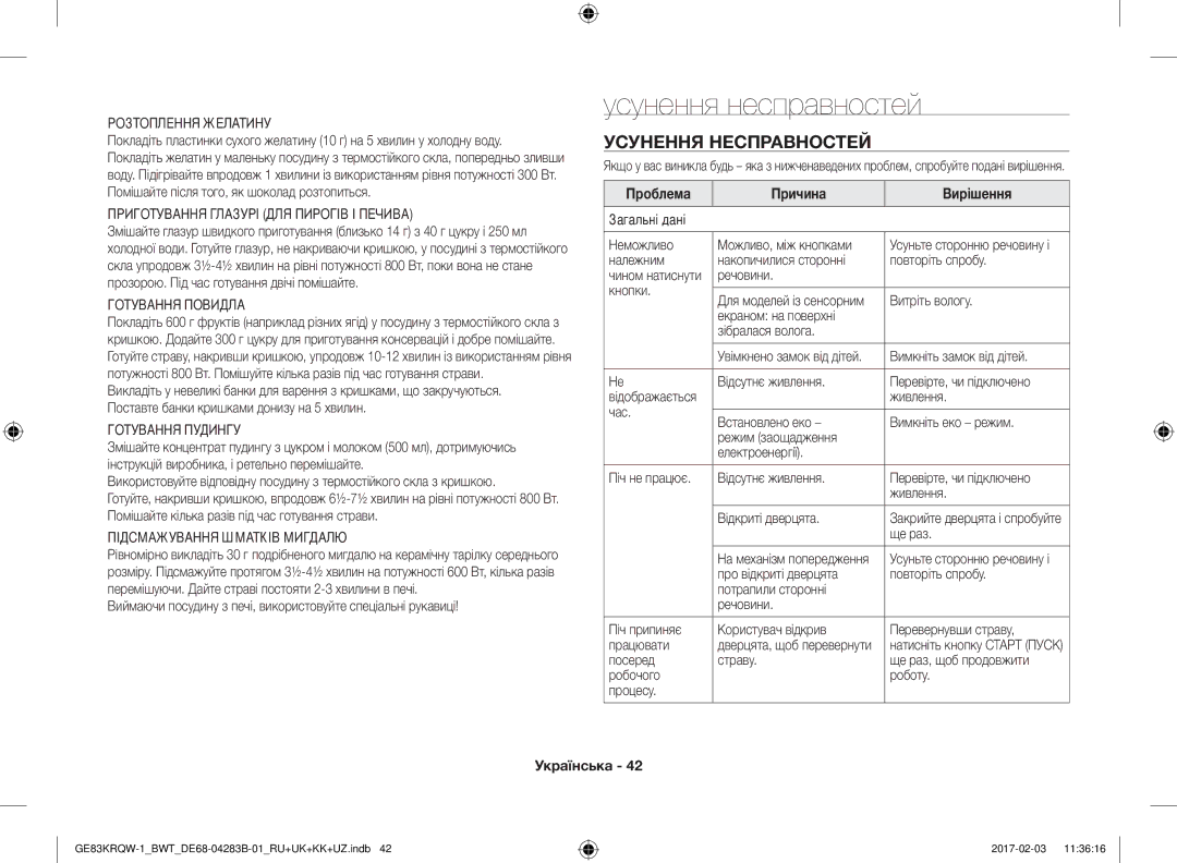 Samsung GE83KRQS-3/BW, GE83KRQS-2/BW, GE83XRQ/BW Усунення несправностей, Усунення Несправностей, Проблема Причина Вирішення 