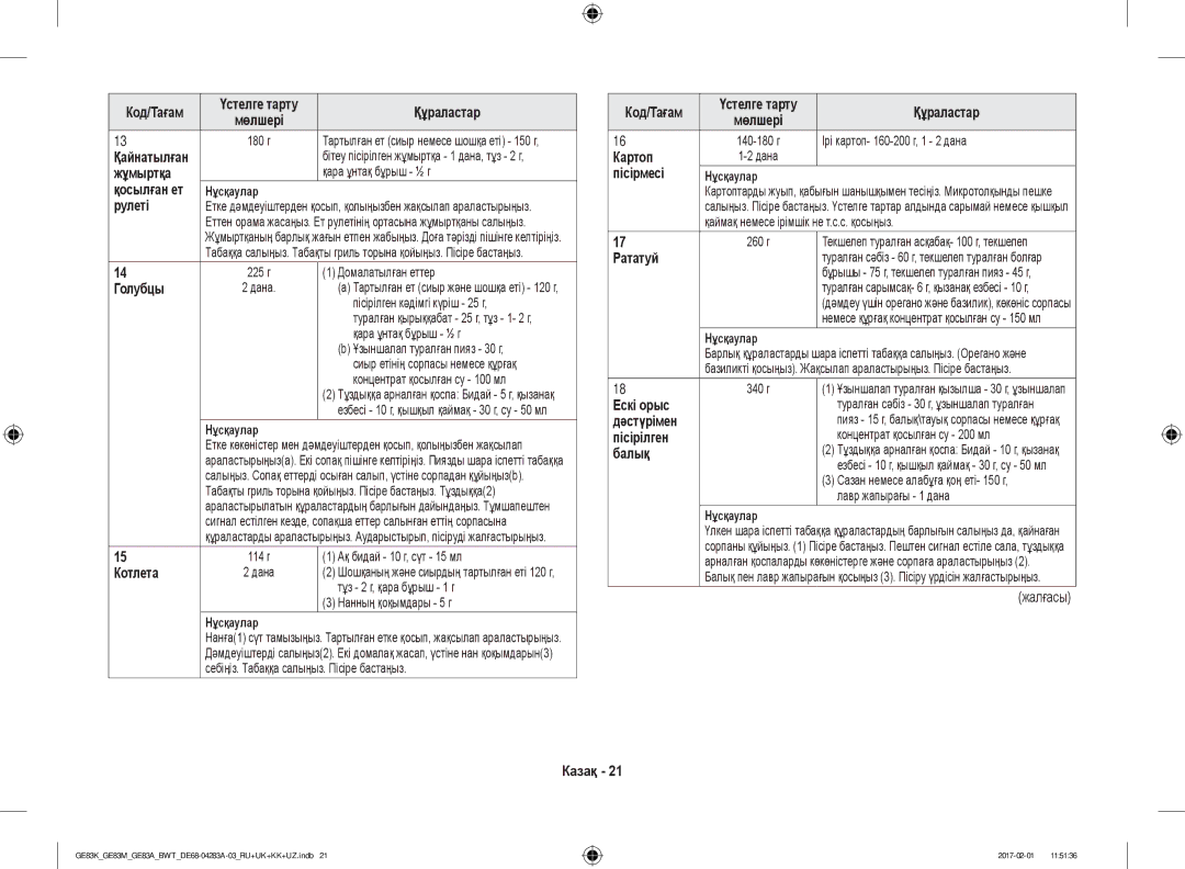 Samsung GE83EKRW-1/BW manual Жұмыртқа, Рулеті, Голубцы, Котлета, Картоп, Пісірмесі, Рататуй, Ескі орыс, Пісірілген, Балық 