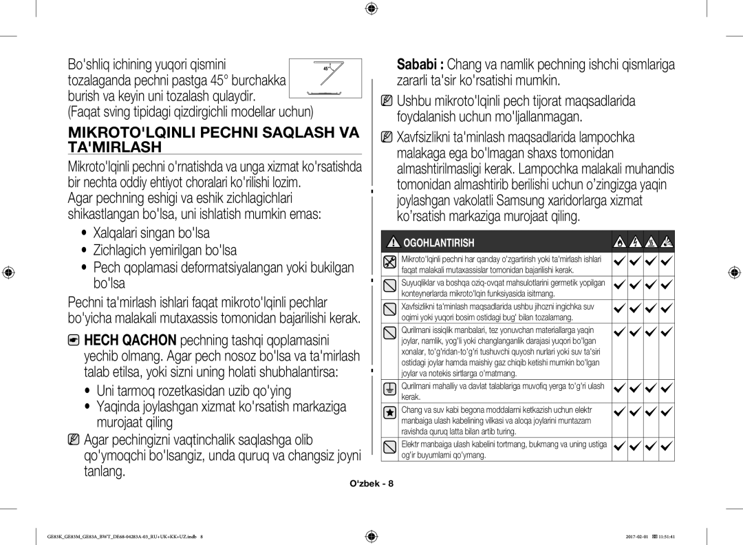 Samsung GE83MRTW/BW, GE83KRS-3/BW, GE83KRW-1/BW, GE83EKRW-1/BW, GE83KRW-2/BW manual Mikrotolqinli Pechni Saqlash VA, Tamirlash 