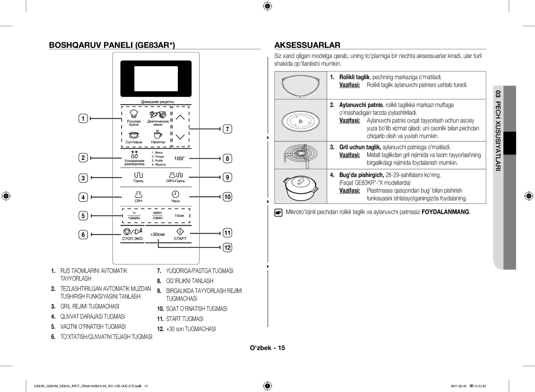 Samsung GE83KRW-2/BW manual Boshqaruv Paneli GE83AR Aksessuarlar, Ogirlikni Tanlash, Soat Ornatish Tugmasi Start Tugmasi 