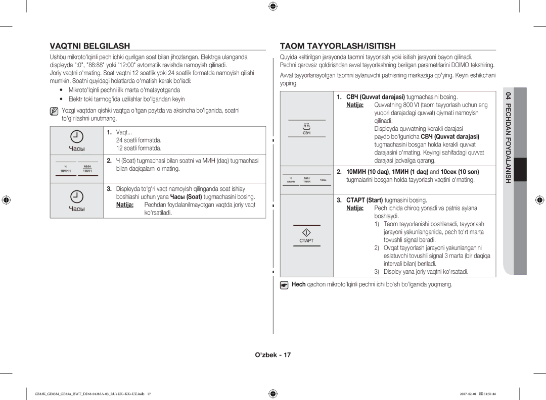 Samsung GE83KRS-1/BW manual Vaqtni Belgilash, Taom TAYYORLASH/ISITISH, Korsatiladi, СВЧ Quvvat darajasi tugmachasini bosing 